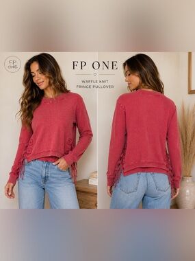 Free People FP One Red Thermal Knit Fringe Pullover Sweater S/P boho